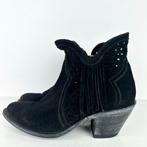 Shyanne Women's Nicki Zipper Booties Laser Cut Fringe Black Suede Size 7
